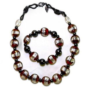 Coldwater Creek Brown Silver Round Flat Beaded Necklace and Bracelet